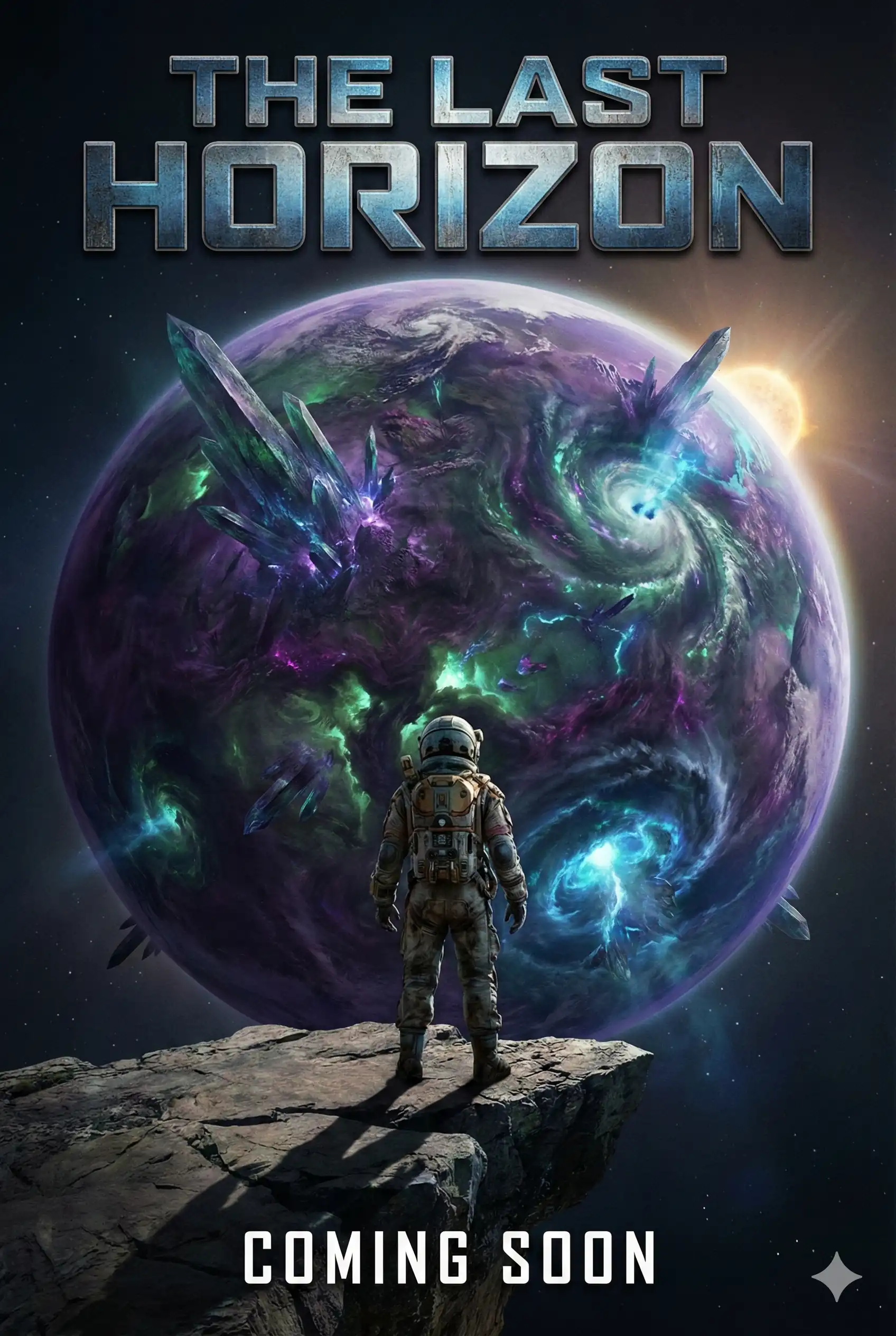 Sci-fi movie poster for The Last Horizon featuring a lone astronaut facing a massive alien planet with metallic title text