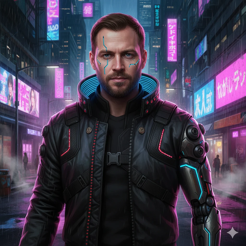 Cyberpunk character transformation in Cyberpunk 2077 style with neon lighting
