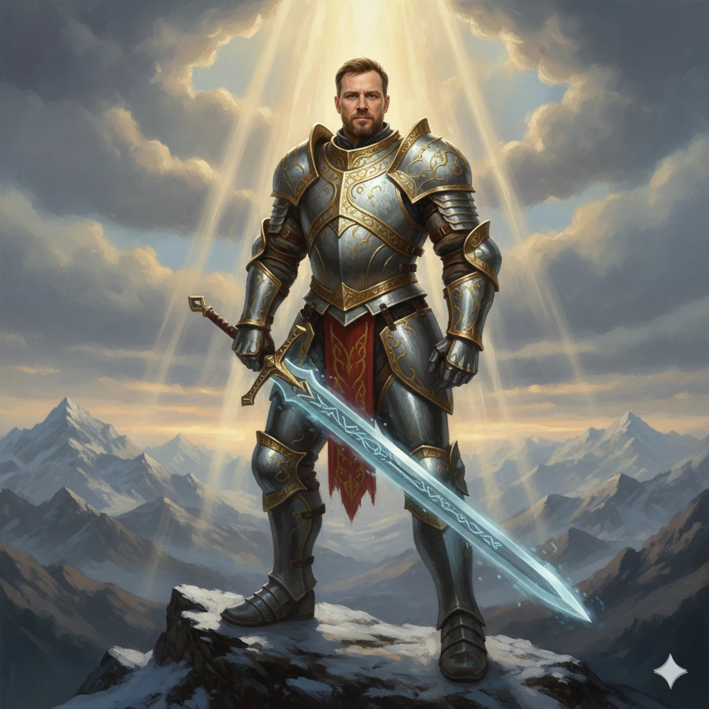 Fantasy paladin transformation in D&D cover art style with plate armor