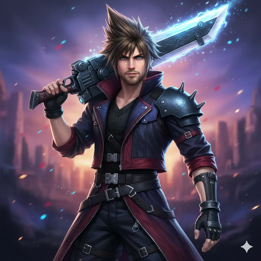 JRPG character transformation in Tetsuya Nomura style with oversized weapon