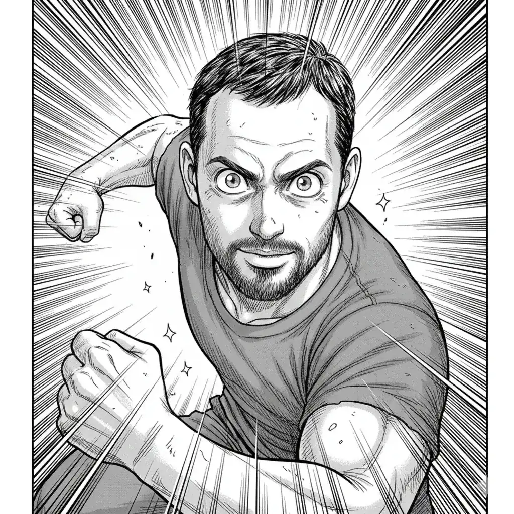 Manga character transformation in black and white shonen style with screentones