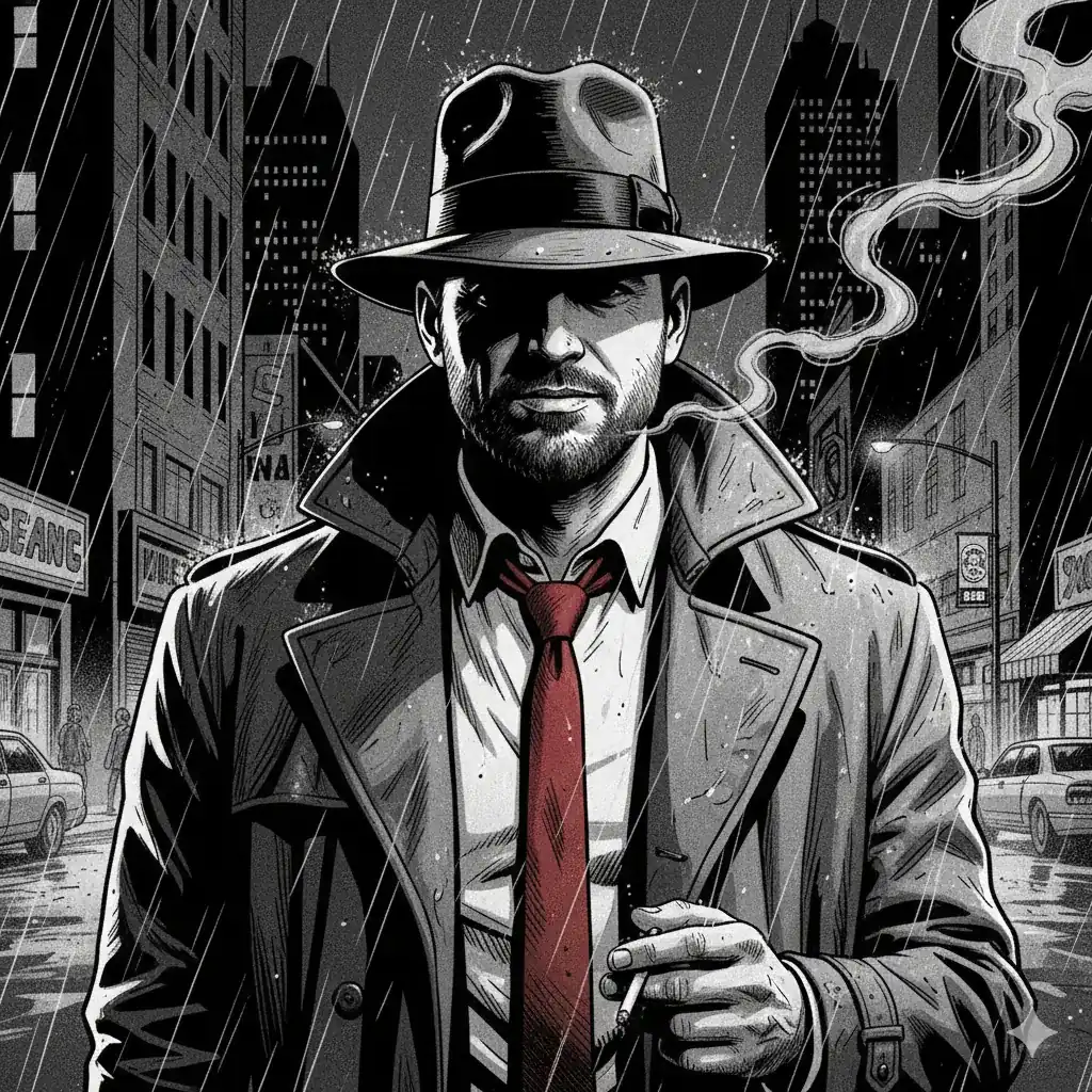 Noir detective transformation in Sin City style with high contrast