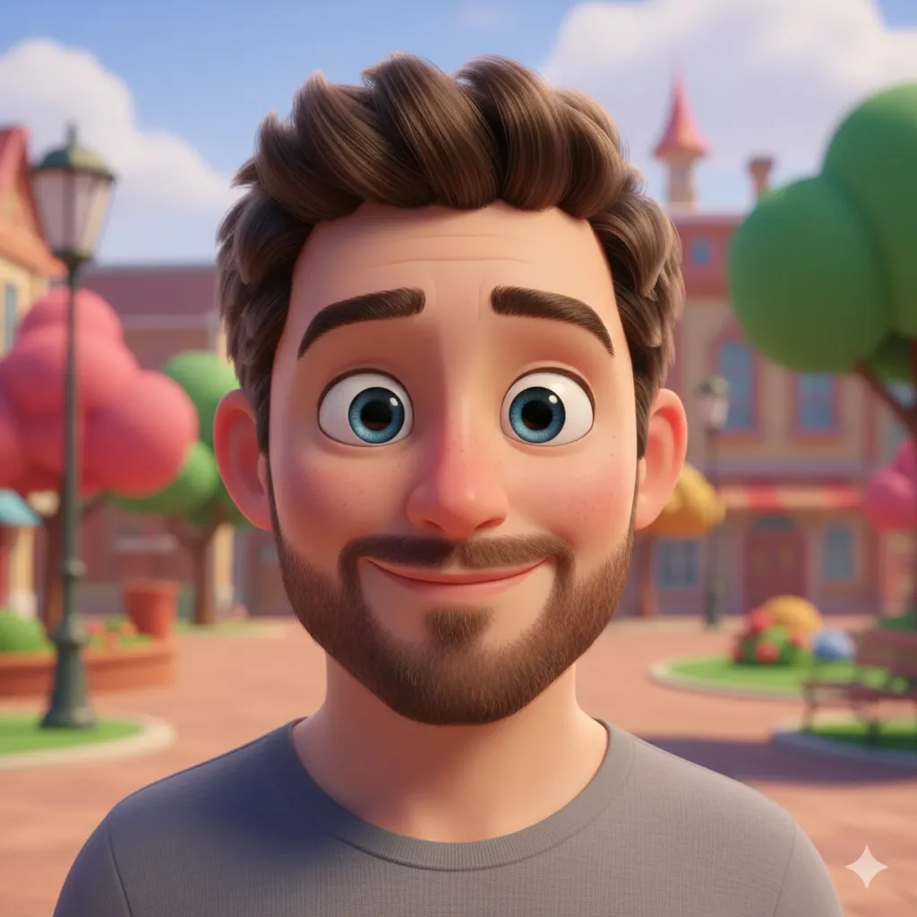 Pixar 3D character transformation with large expressive eyes and soft features