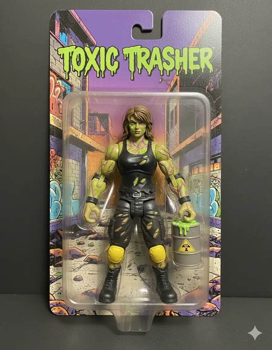 1990s mutant fighter toy in TMNT Playmates style with neon green accents