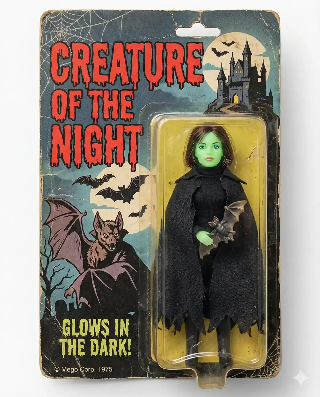 1970s horror action figure toy in retro Mego style with glow plastic