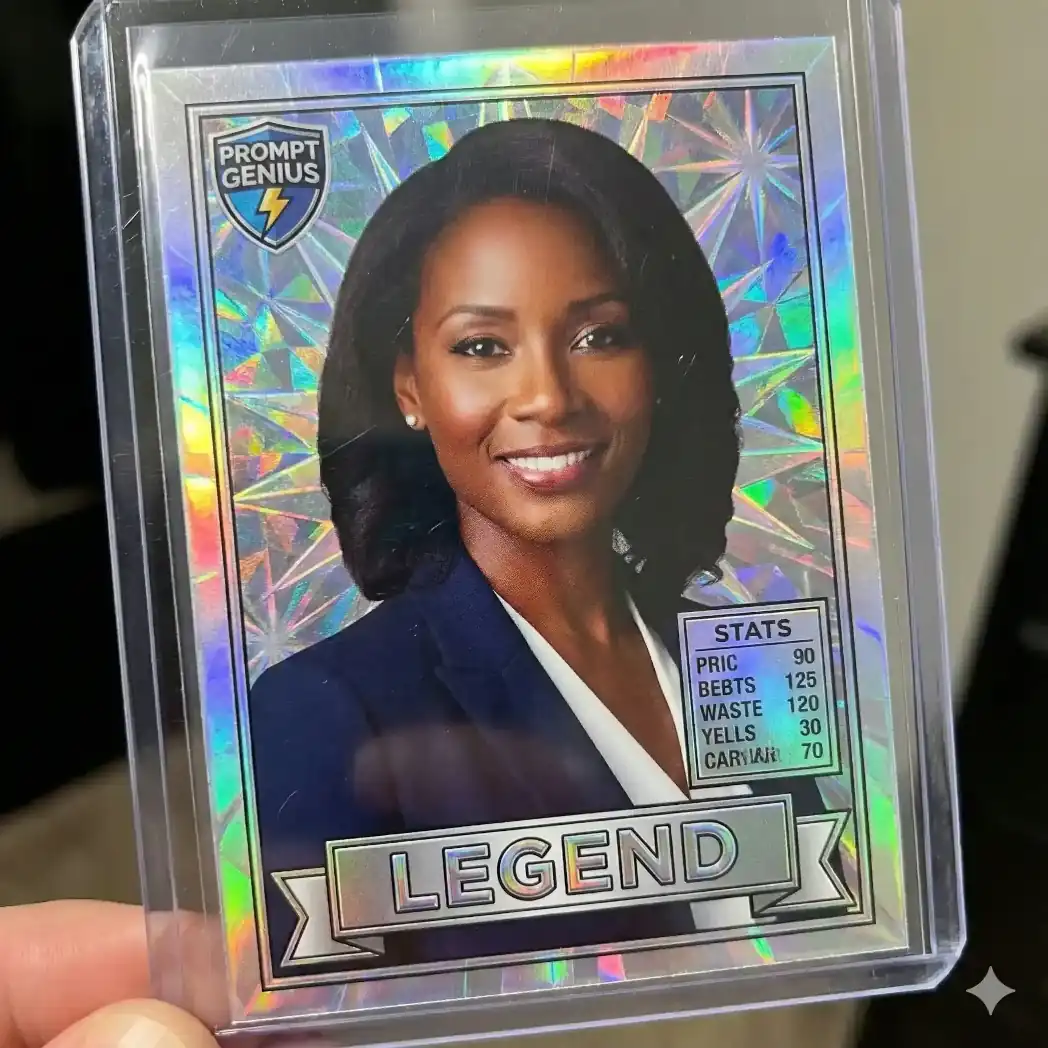 1990s holographic trading card transformation in Upper Deck style with foil texture