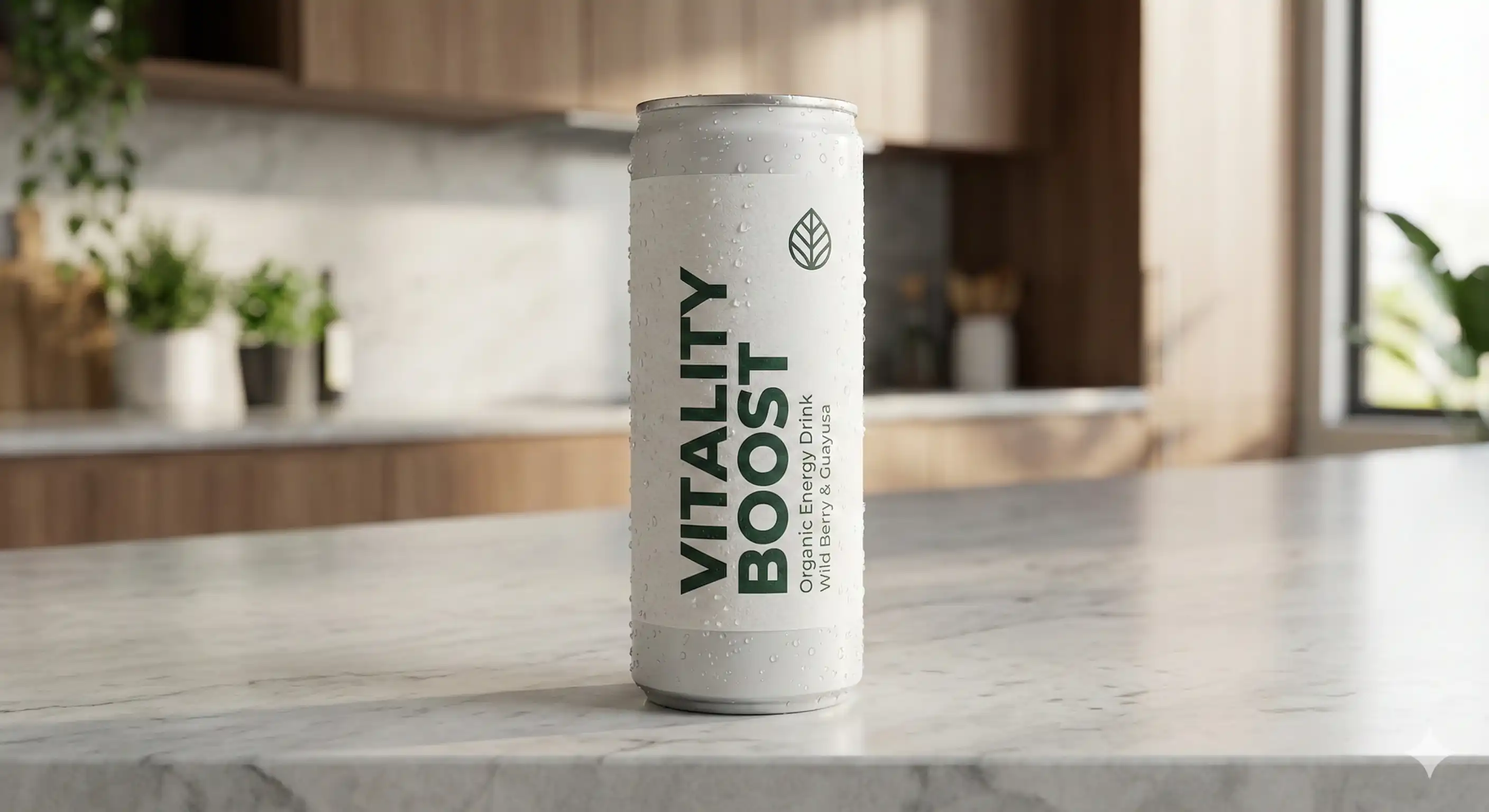 Photorealistic product mockup of Vitality Boost organic energy drink can on marble countertop with condensation droplets