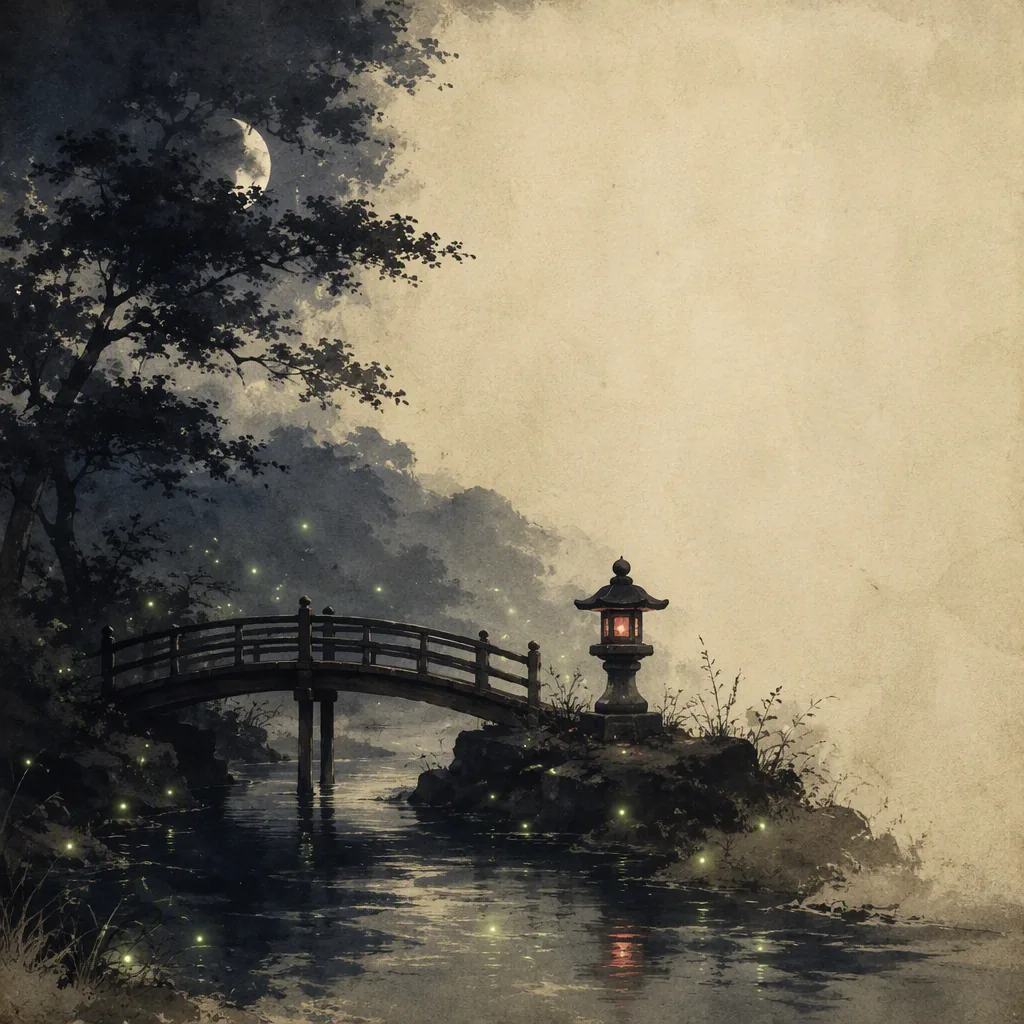 Ink-wash night scene of a small dark wooden footbridge over a narrow river with a single stone lantern and green fireflies drifting around the glow