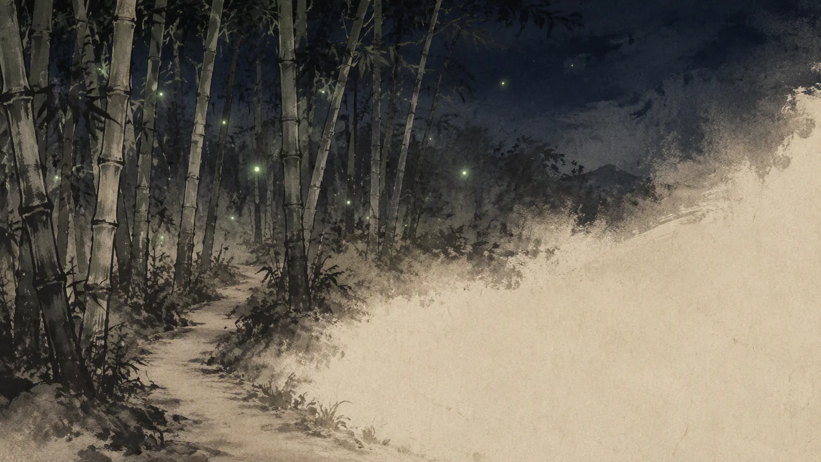 Ink-wash bamboo grove edge at dusk with a narrow earthen path, layered gray-green culms, and faint green fireflies threading between them